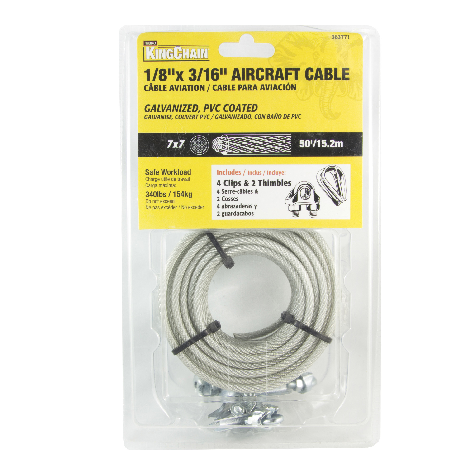 Mibro 1/8in. X 3/16in., 7in. X 7in. Aircraft  Cable with 4 Clips and 2 Thimbles, Pre-Cut 50ft., Model# 363771